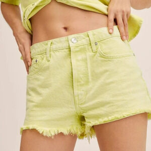 Mango Medium-Waist Denim Shorts Plus Size 14 Raw Hem Button Fly Neon Yellow MNG